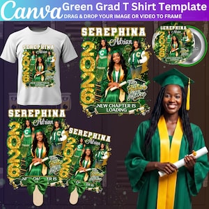May include: A graduation-themed design featuring a white t-shirt, a button, and various graphic elements. The design includes the text "SEREPHINA Adrian 2026" and "The Future is Mine." The color scheme is green and gold.