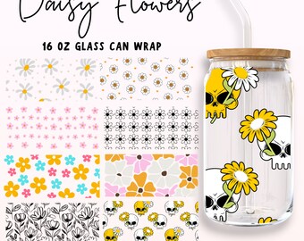 Daisy Libbey Glass Wrap SVG Bundle, Spring Flower Glass Can, Flowers Wrap svg, Libbey Glass Spring Svg, Daisies Libbey Glass Cricut svg png