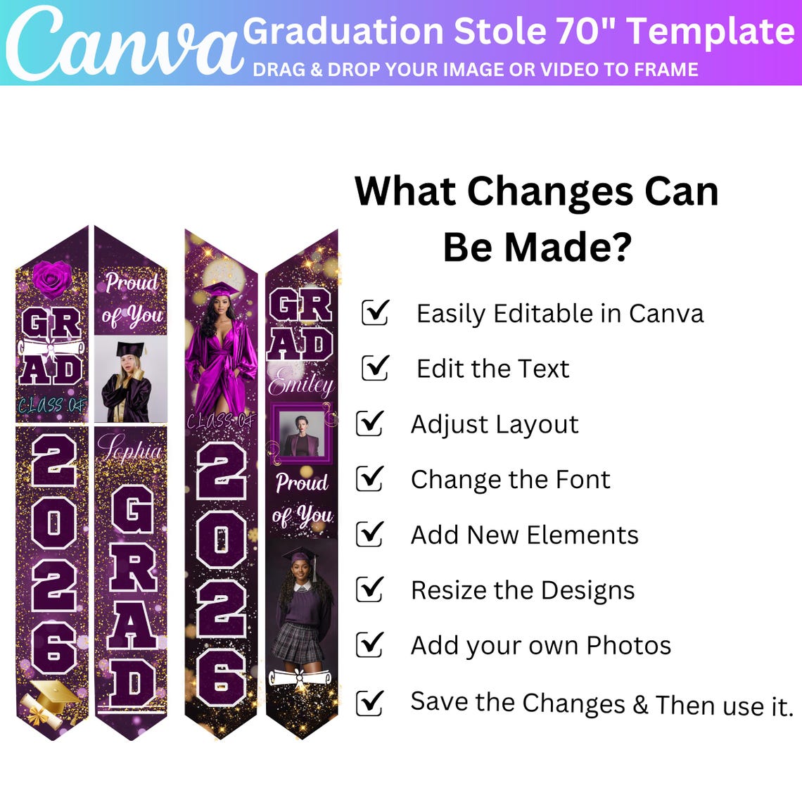 10 Purple Graduation Stole Canva Editable Template Bundle, Graduation ...