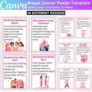Puede incluir: Una plantilla de Canva para la concienciación sobre el cáncer de mama, con 10 diseños con acentos rosas. Los diseños incluyen información sobre la detección temprana, la autoexploración y el apoyo comunitario. La plantilla promueve la concienciación y la esperanza.