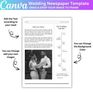 May include: A wedding newspaper template from Canva with the headline "Wedding Newspaper Template". The template includes text fields for a love story, wedding timeline, and a photo of a couple. The template is customizable.