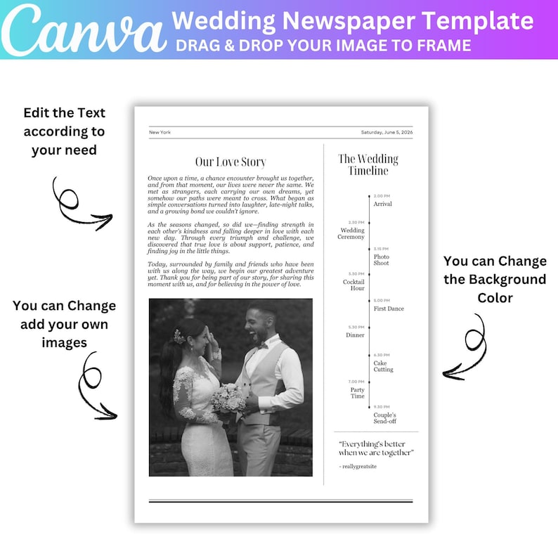 May include: A wedding newspaper template from Canva with the headline "Wedding Newspaper Template". The template includes text fields for a love story, wedding timeline, and a photo of a couple. The template is customizable.