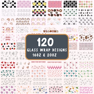 K&ouml;nnte beinhalten: Eine Collage aus 120 verschiedenen Designs f&uuml;r 16oz und 20oz Glasverpackungen. Die Designs umfassen verschiedene Muster, Farben und Themen, wie Regenb&ouml;gen, Kaffee, Herzen und Tiere.
