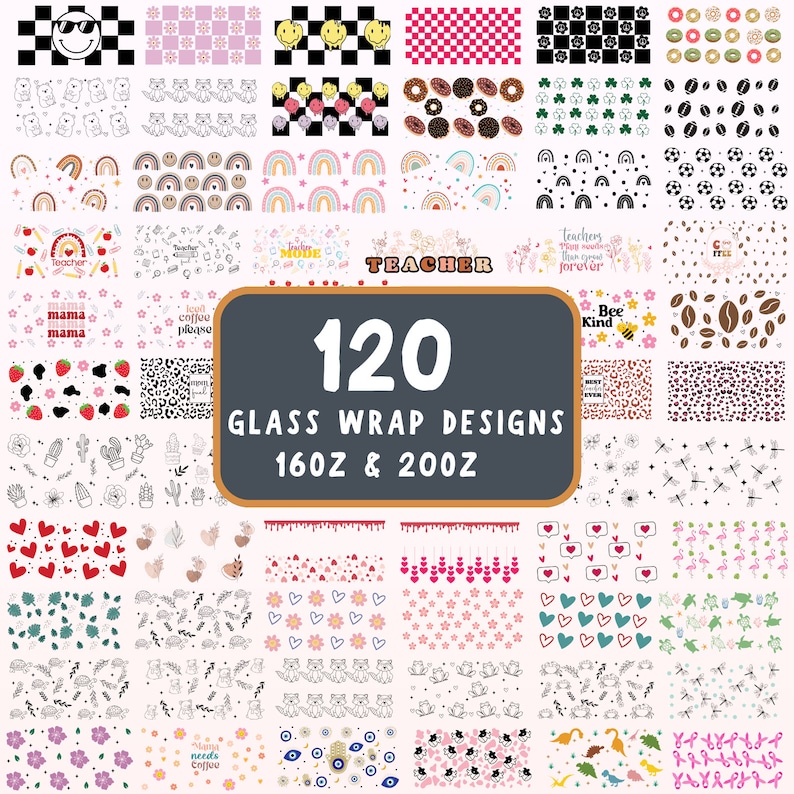 K&ouml;nnte beinhalten: Eine Collage aus 120 verschiedenen Designs f&uuml;r 16oz und 20oz Glasverpackungen. Die Designs umfassen verschiedene Muster, Farben und Themen, wie Regenb&ouml;gen, Kaffee, Herzen und Tiere.