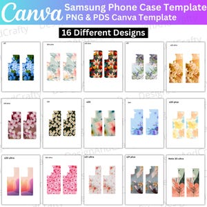 Op de afbeelding: Een verzameling van 16 Samsung telefoonhoesjes templates, elk met een uniek bloemen- of abstract ontwerp. De hoesjes worden weergegeven op witte achtergronden. De tekst "Canva" en "16 Different Designs" is zichtbaar.