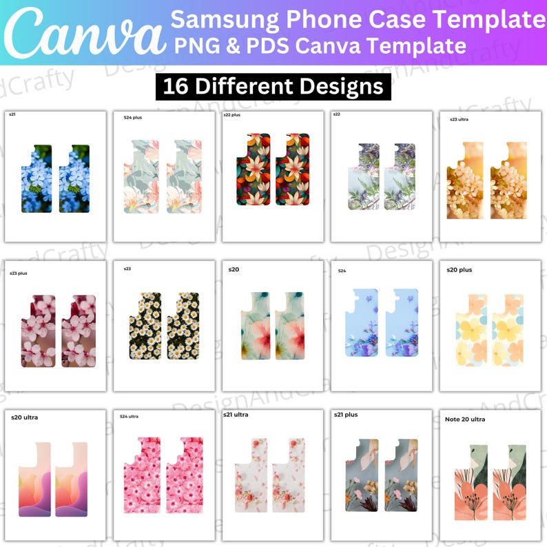 Op de afbeelding: Een verzameling van 16 Samsung telefoonhoesjes templates, elk met een uniek bloemen- of abstract ontwerp. De hoesjes worden weergegeven op witte achtergronden. De tekst "Canva" en "16 Different Designs" is zichtbaar.
