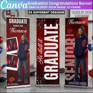 May include: Three graduation banners with a red and white theme. Each banner features a photo of a graduate, the name "Thomson", and the text "Graduate" or "Senior". The banners also include the text "Class of 2026" and "Royal High School".