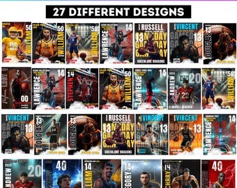 May include: A collage of 27 different basketball poster templates featuring various basketball players in action. The posters have a variety of designs and colours, including red, blue, green, black, and white. The posters feature text such as "Game Day", "Greenlake Dragons", "Riverbend Renegades", and "Mountain Ridge Raptors".
