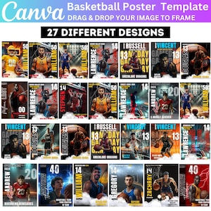 May include: A collage of 27 different basketball poster templates featuring various basketball players in action. The posters are designed with different colour schemes and layouts, including a player's name, number, and team name.