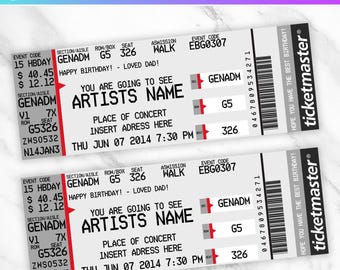 May include: A black and white concert ticket template with red accents. The ticket has the text "Concert Ticket Template" at the top and "GENADM" in the middle. The ticket has the text "You are going to see Artists Name" and "Place of Concert Insert Adress Here" in the middle. The ticket has the text "Thu Jun 07 2014 7:30 PM" at the bottom. The ticket has the text "Hope you have the best birthday!" on the right side. The ticket has the text "ticketmaster®" on the right side.