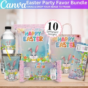 May include: An Easter party favor bundle featuring various items with a bunny and "Happy Easter" text. Includes water bottle labels, snack bags, juice boxes, and gift bags. The bundle includes 10 different designs.