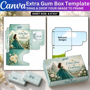 May include: A digital template for an Extra gum box on an 8.5"x11" sheet, featuring a teal design with a castle, a person in a green gown, and the text "Extra Dose of Confidence" and "Stay Sweet". Includes a flat layout and a 3D box mockup.