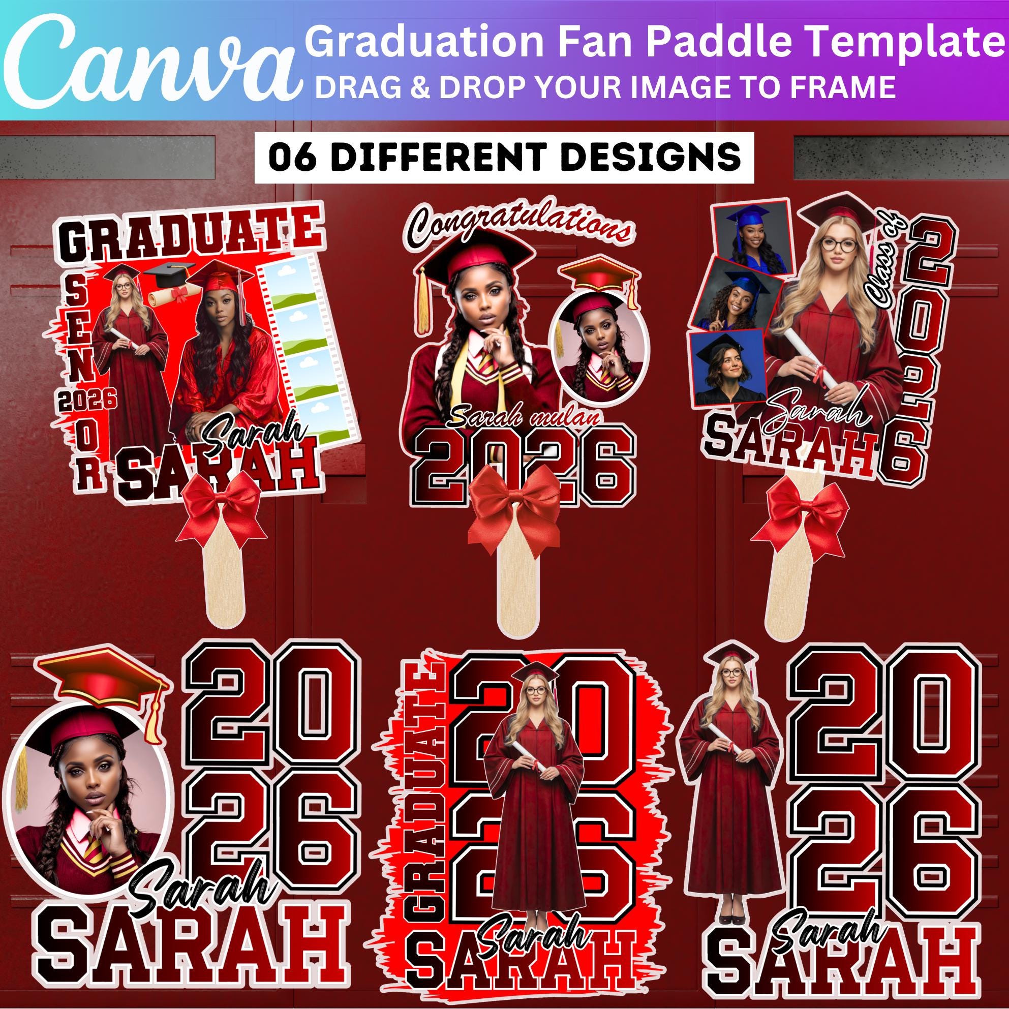 Red Grad Fan Canva Editable Template, Custom Graduation Paddle Fan ...