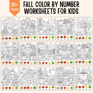 30+ Fall Color by Number Worksheets, Autumn Coloring Pages for Kids Bundle, Printable Fall Activities, Preschool Kindergarten Math Worksheet