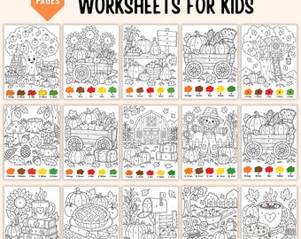 30+ Fall Color by Number Worksheets, Autumn Coloring Pages for Kids Bundle, Printable Fall Activities, Preschool Kindergarten Math Worksheet
