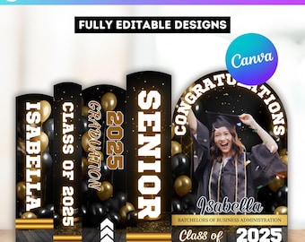 Black & Gloden Graduation Book Decor Canva Editable Template, Graduation Panel Board, Yellow Grad Backdrop Arch Foam, Floor Wrap Decor Set