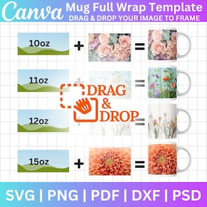 Modello di tazza a avvolgimento completo, modelli di tazza Canva da 10 once, 11 once, 12 once, 15 once Png in formato Svg, Canva modificabile, modello di tazza di caffè, modello di tazze di sublimazione