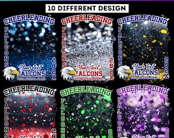 May include: A Canva template for cheerleading designs, featuring 10 different designs. Each design includes the word "CHEERLEADING", the word "FALCONS", the year "202X", and space for text and a school name, with an eagle graphic.