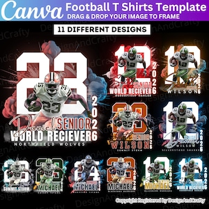May include: A template for football t-shirts with 11 designs. Each design shows a football player with a jersey number, name, and team details. The designs include the text "SENIOR 2026" and "WORLD RECIEVER 6".