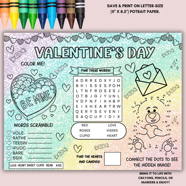 Valentine's Day Placemat Sheet, Kids Valentines Coloring Page, Kids ...