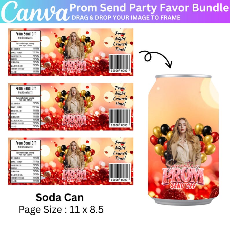 Bar Code For Prom Golden Red Prom Send off Treat Template, Canva Editable Prom Party ...