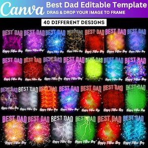 K&ouml;nnte beinhalten: Ein digitales Template f&uuml;r den Vatertag mit 40 Designs, die jeweils "Best Dad" zeigen. Die Designs zeigen verschiedene Stile, darunter Blitze und abstrakte Muster, vor lebendigen Hintergr&uuml;nden, ideal f&uuml;r personalisierte Geschenke.