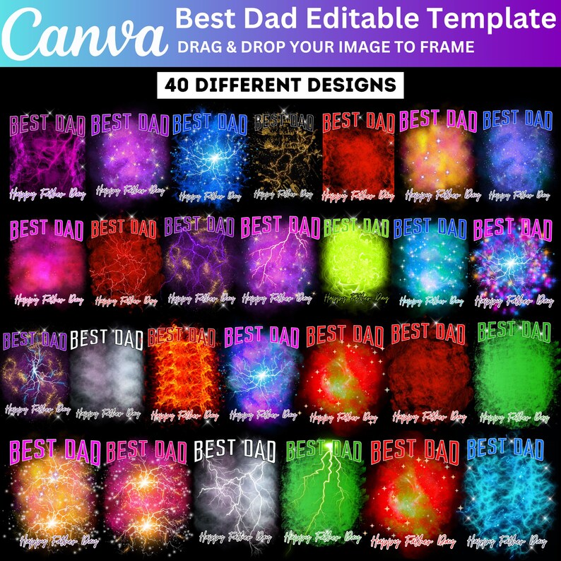 K&ouml;nnte beinhalten: Ein digitales Template f&uuml;r den Vatertag mit 40 Designs, die jeweils "Best Dad" zeigen. Die Designs zeigen verschiedene Stile, darunter Blitze und abstrakte Muster, vor lebendigen Hintergr&uuml;nden, ideal f&uuml;r personalisierte Geschenke.