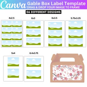 Op de afbeelding: Een Canva gable box label template met zes verschillende ontwerpen. De ontwerpen omvatten labels van verschillende formaten, zoals 10.16x6.35 cm, 15.24x7.62 cm, 15.24x8.89 cm, 14.61x8.26 cm, 12.7x10.16 cm en 16.26x9.53 cm. De afbeelding toont ook een gable box met een bloemenontwerp.