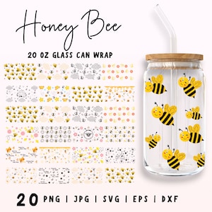 20oz Honeybee Libbey Glass Can Svg, Honeycomb Glass Can Wrap, Bee Floral can Wrap, Bee en Daisy Libbey Glass, Bee SVG-bestanden voor Cricut