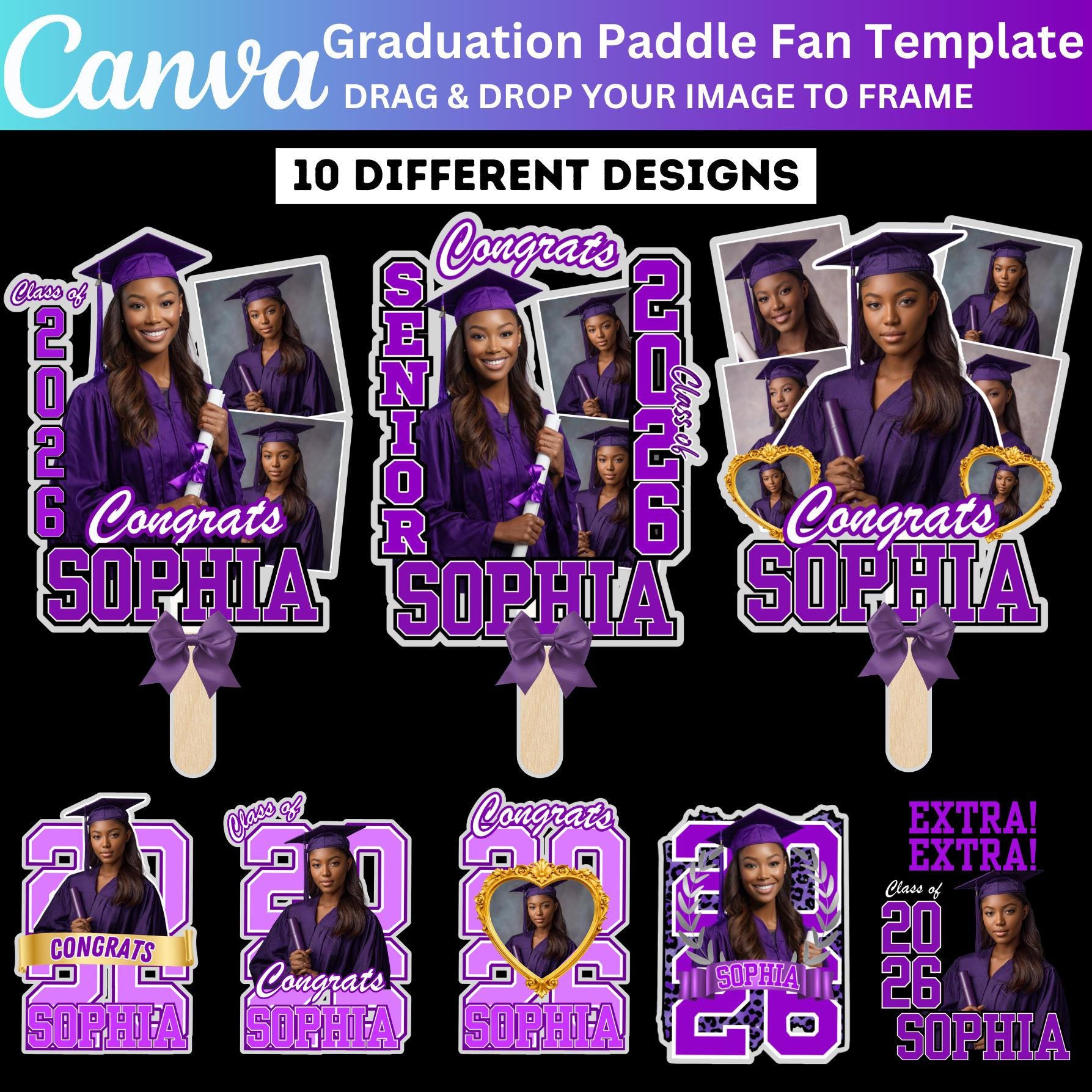 10 Purple Grad Fan Canva Editable Template, Custom Graduation Paddle ...