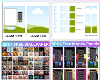 Canva-bewerkbare sjabloon automaat, Canva-sjabloon automaat, 500+ geldpanelen, ontwerpbundel 300+ achtergronden, automaat