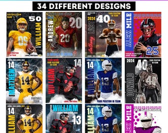 Può includere: Una collezione di 34 modelli di poster di football personalizzabili con diversi design con fulmini, nuvole e palloni da calcio. I poster includono spazio per il nome del giocatore, il numero, la posizione e il nome della squadra. Il testo sui poster include "Football Team Name", "Your Position in Team", "Lowell High School 20XX", "Thunder Ridge Titans", "5 Middle Linebacker", "Alex Mile", "2024", "Donald", "William", "Matthew", "Andrew", "Last Anthony", "Raiphe", e "25".