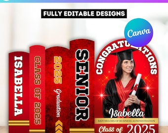 Red Graduation Book Decor Canva Editable Template, Graduation Panel Board, Yellow Grad Backdrop Arch Foam Board, Floor Wrap Decor Set