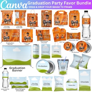 May include: A collection of graduation party favors, including chip bags, gift bags, gable boxes, soda cans, and water bottles. Each item features a graduation theme with the text "GRAD" and "2026". The image also includes a banner and pin buttons.