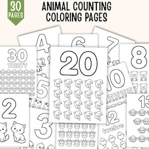 May include: A collection of 30 animal counting coloring pages featuring black and white line art. Each page displays a large number and a corresponding quantity of illustrated animals such as dolphins, cats, monkeys, and bears for educational activity.