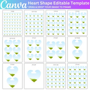 Pode incluir: Um modelo Canva com o texto "Heart Shape Editable Template" e "Drag & Drop Your Image to Frame." A imagem exibe vários designs em forma de coração em diferentes tamanhos, incluindo 2,5 x 2,3 cm, 3,8 x 3,4 cm e 5,1 x 4,6 cm.