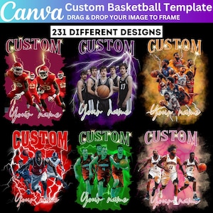 Könnte beinhalten: Sechs verschiedene Basketball-Teamdesigns für personalisierbare T-Shirts. Jedes Design zeigt eine Gruppe von Basketballspielern in Aktion mit einem Blitzeffekt und dem Text "CUSTOM" darüber. Der Text "Your name" erscheint am unteren Rand jedes Designs.