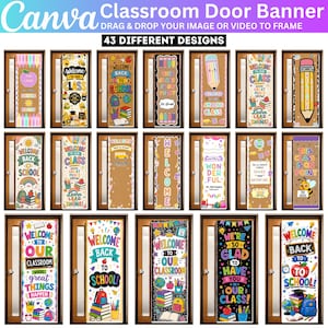May include: A digital collection of 43 classroom door banner templates featuring colorful school-themed graphics, including pencils, books, globes, and bees, with various welcoming text phrases like Welcome to Our Class and Welcome Back to School.