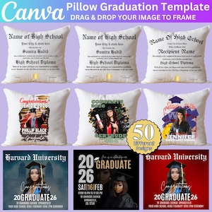 Más de 50 plantillas editables de almohadas de graduación en Canva, diseños de almohadas de graduación de la clase de 2026, diseño de certificado de felicitación, paquete de diseño de graduación.