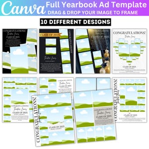 May include: Ten different yearbook ad templates featuring a green and blue landscape with clouds. The text "CONGRATULATIONS!" and "CLASS OF 2025" is included in each template.