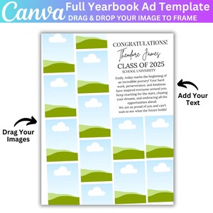 May include: A blue and green graduation announcement template with a photo collage and text that reads "Congratulations! Theodore James Class of 2025 School University Emily, today marks the beginning of an incredible journey! Your hard work, perseverance, and kindness have inspired everyone around you. Keep reaching for the stars, chasing your dreams, and embracing all the opportunities ahead. We are so proud of you and can't wait to see what the future holds!"