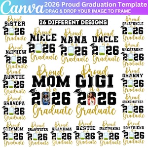 May include: A template for a 2026 graduation announcement with the text "Proud" followed by family titles like "Sister," "Mom," and "Grandma." The design includes a graduation cap and a space for a photo.