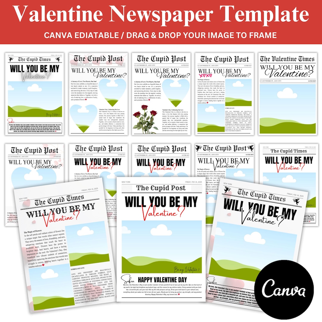 Will You Be My Valentines Day Newspaper Canva Template Bundle