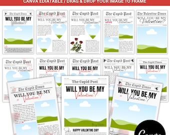 Will You Be My Valentines Day Newspaper Canva Template Bundle, Valentines Day Canva Gift, Will You Be My Valentine, Newspaper Cupid Post
