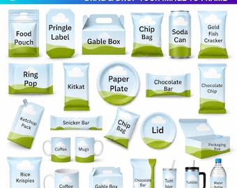 30 Party Favors Canva Editable Template Bundle, Party Favor Mockups, Chocolate Bar, Chip Bag, Water Bottle Label, Gable Box, Party Favor