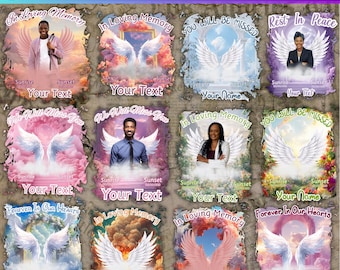 Puede incluir: Una colección de plantillas de Canva para homenajes conmemorativos. Cada plantilla presenta la imagen de una persona, alas de ángel y espacio para texto. Los diseños incluyen frases como "In Loving Memory", "You Will Be Missed" y "Forever In Our Hearts."