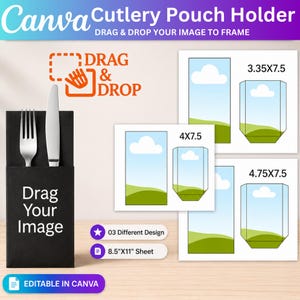 May include: A black cutlery pouch holder template with a fork and knife inserted. The graphic includes text reading Canva Cutlery Pouch Holder, Drag & Drop, and Drag Your Image. Three design layouts are shown with dimensions 3.35x7.5, 4x7.5, and 4.75x7.5 inches.
