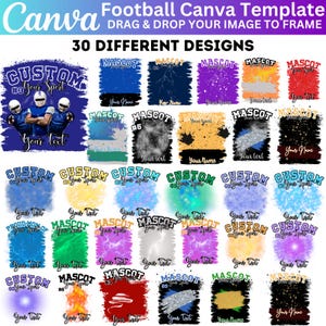 Può includere: Un modello Canva per design di calcio, con 30 design diversi. I design includono campi di testo personalizzabili per nomi di squadre e mascotte, con vari schemi di colori e stili grafici. Il modello è progettato per una facile integrazione di immagini.