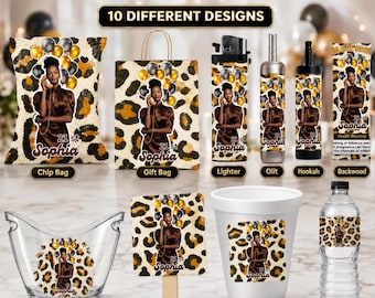 Adult birthday Party Favor Bundle, Leopard Birthday Party Designs, Lighter Backwood Styrofoam Cup Shot Glass Party Bucket Cigar Custom Label