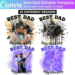 Puede incluir: Un dise&ntilde;o de plantilla digital para el D&iacute;a del Padre, con el texto "Best Dad" en negrita, con efectos de rayos y salpicaduras. El dise&ntilde;o incluye im&aacute;genes de un padre y un hijo, y el texto "Happy Father's Day". El logotipo de Canva es visible.